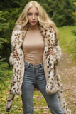 Fluffig Vit Leopard Fuskpäls Coat med Bälte