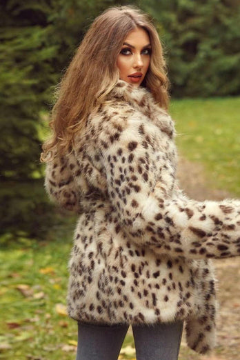 Fluffig Vit Leopard Fuskpäls Coat med Bälte