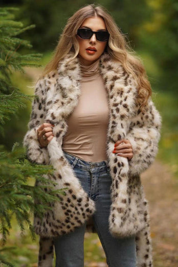 Fluffig Vit Leopard Fuskpäls Coat med Bälte