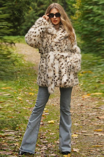 Fluffig Vit Leopard Fuskpäls Coat med Bälte