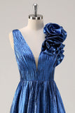 Royal Blue A Line Djup V-ringad Metallic Prom Klänning med Blommig Axeldetalj
