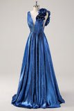 Royal Blue A Line Djup V-ringad Metallic Prom Klänning med Blommig Axeldetalj