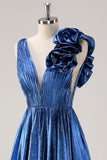 Royal Blue A Line Djup V-ringad Metallic Prom Klänning med Blommig Axeldetalj