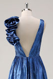 Royal Blue A Line Djup V-ringad Metallic Prom Klänning med Blommig Axeldetalj