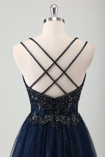 Glittrande Navy Spaghetti Straps A Line Lång Balklänning med Paljetter