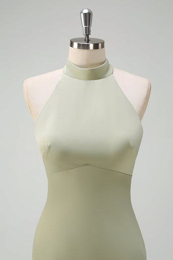 Elegant Salvia Halter Sjöjungfru Satin Golvlång Brudtärna Klänning