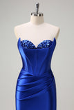 Royal Blue Mermaid Axelbandslös Korsett Paljett Rynkad Lång Balklänning med Slits