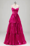 Glittrande En linje Fuchsia Korsett Tiered Spaghetti Straps Metallisk Balklänning