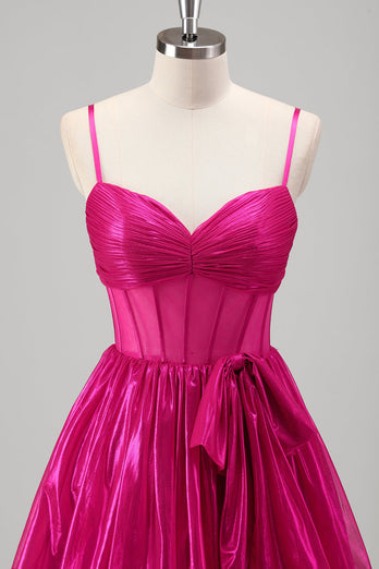 Glittrande En linje Fuchsia Korsett Tiered Spaghetti Straps Metallisk Balklänning