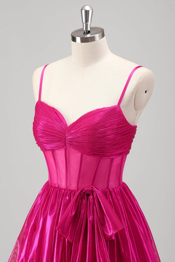 Glittrande En linje Fuchsia Korsett Tiered Spaghetti Straps Metallisk Balklänning