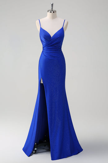 Glitter Royal Blue Mermaid Spaghetti Straps Rynkad Lång Prom Klänning Med Slits