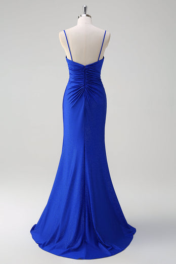 Glitter Royal Blue Mermaid Spaghetti Straps Rynkad Lång Prom Klänning Med Slits