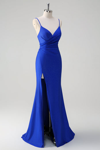 Glitter Royal Blue Mermaid Spaghetti Straps Rynkad Lång Prom Klänning Med Slits