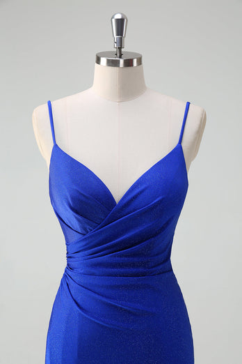 Glitter Royal Blue Mermaid Spaghetti Straps Rynkad Lång Prom Klänning Med Slits