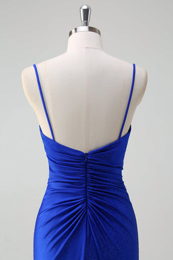 Glitter Royal Blue Mermaid Spaghetti Straps Rynkad Lång Prom Klänning Med Slits