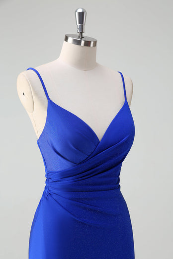 Glitter Royal Blue Mermaid Spaghetti Straps Rynkad Lång Prom Klänning Med Slits