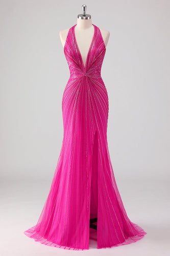 Fuchsia Mermaid Halter Öppen Rygg Pärlstav Lång Balklänning med Slits