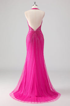 Fuchsia Mermaid Halter Öppen Rygg Pärlstav Lång Balklänning med Slits