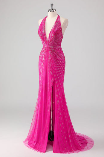 Fuchsia Mermaid Halter Öppen Rygg Pärlstav Lång Balklänning med Slits