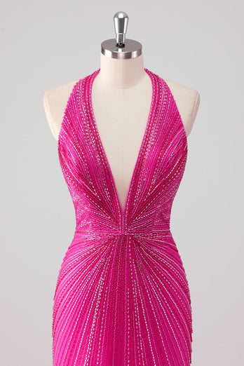 Fuchsia Mermaid Halter Öppen Rygg Pärlstav Lång Balklänning med Slits