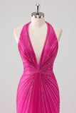 Fuchsia Mermaid Halter Öppen Rygg Pärlstav Lång Balklänning med Slits