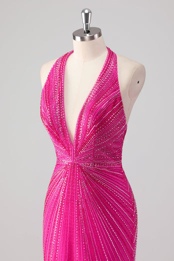 Fuchsia Mermaid Halter Öppen Rygg Pärlstav Lång Balklänning med Slits
