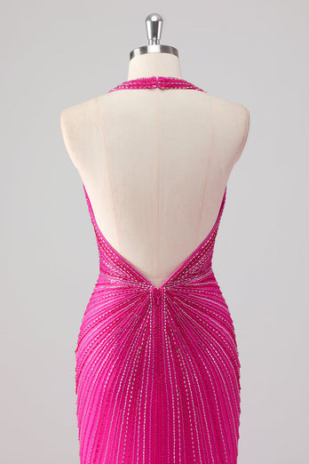 Fuchsia Mermaid Halter Öppen Rygg Pärlstav Lång Balklänning med Slits