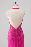 Fuchsia Mermaid Halter Öppen Rygg Pärlstav Lång Balklänning med Slits