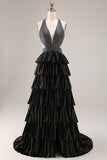 Svart trappad volang A Line halternecker pärlbesatt lång balklänning med slits