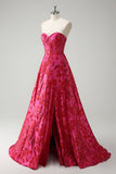 Fuchsia Blommig Jacquard Älskling Prinsessa Lång Korsett Balklänning med Slits