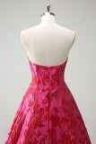 Fuchsia Blommig Jacquard Älskling Prinsessa Lång Korsett Balklänning med Slits