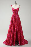 Fuchsia A-linje Spaghetti remmar Blommig Jacquard Lång Balklänning med slits