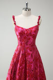 Fuchsia A-linje Spaghetti remmar Blommig Jacquard Lång Balklänning med slits