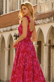 Fuchsia A-linje blommig spaghettiband Jacquard Brocade lång balklänning
