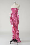 Glittrande Fuchsia Metallic Axelbandslös Balklänning med slits
