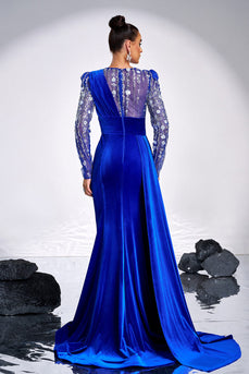 Royal Blue Beaded Mermaid Sammet Bal Klänning