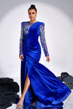 Royal Blue Beaded Mermaid Sammet Bal Klänning