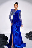 Royal Blue Beaded Mermaid Sammet Bal Klänning