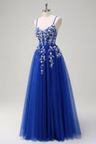Royal Blue A-linje Spaghetti Straps Applique Paljetter Balklänning med slits