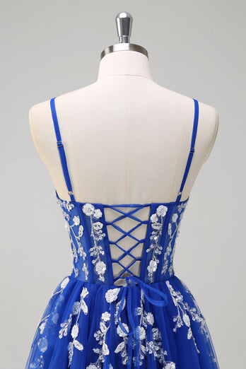 Royal Blue A-linje Spaghetti Straps Applique Paljetter Balklänning med slits