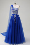 Royal Blue A-linje One Shoulder Watteau Train Appliqued Prom Klänning med Snörning Upp Tillbaka