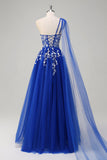 Royal Blue A-linje One Shoulder Watteau Train Appliqued Prom Klänning med Snörning Upp Tillbaka