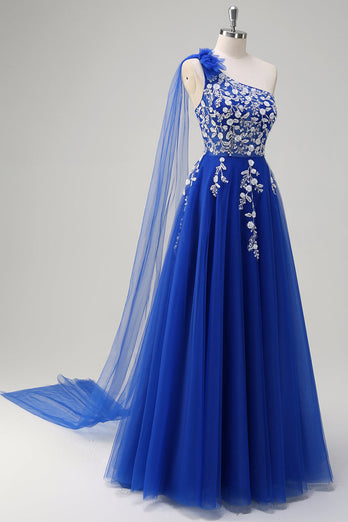 Royal Blue A-linje One Shoulder Watteau Train Appliqued Prom Klänning med Snörning Upp Tillbaka