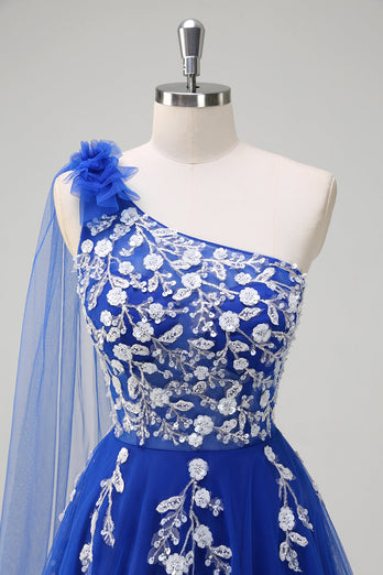 Royal Blue A-linje One Shoulder Watteau Train Appliqued Prom Klänning med Snörning Upp Tillbaka