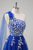 Royal Blue A-linje One Shoulder Watteau Train Appliqued Prom Klänning med Snörning Upp Tillbaka