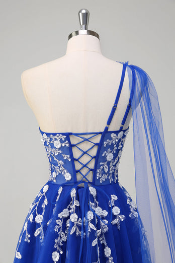 Royal Blue A-linje One Shoulder Watteau Train Appliqued Prom Klänning med Snörning Upp Tillbaka