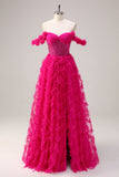 Fuchsia Tiered A-linje från axeln lång korsett balklänning med pärlor