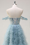 Dusty Blue Princess Off The Shoulder Sheer Korsett Lång Balklänning med Volanger