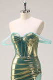 Grön Off The Shoulder Mermaid Metallic Lång Korsett Balklänning med slits