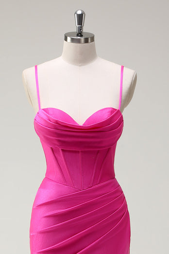 Fuchsia Spaghetti Straps Mermaid Lång Balklänning med slits